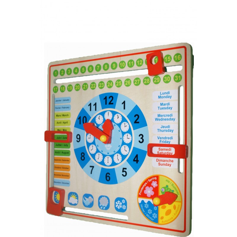 ephéméride horloge en bois pour enfant bilingue francais anglais Tooky toys